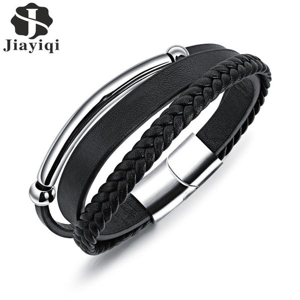 

charm bracelets jiayiqi men christmas gift black leather silver stainless steel jewelry braid rope chain punk bangles, Golden;silver