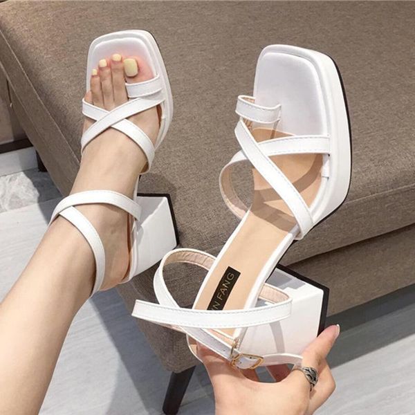 

rome clip toe thick super high heels shoes women solid cross narrow band sandals slingback gladiator femmes sandalias 2021, Black