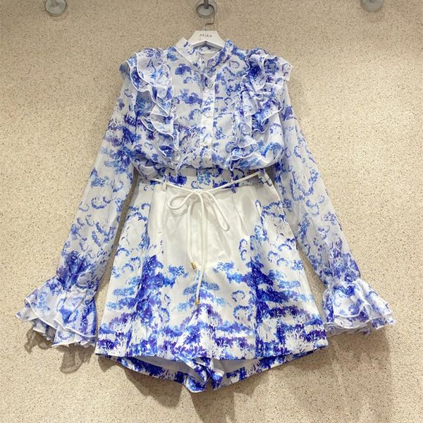 

women's tracksuits spring autumn women sets fashion two piece set chiffon shirt+printed wide-leg shorts, Gray