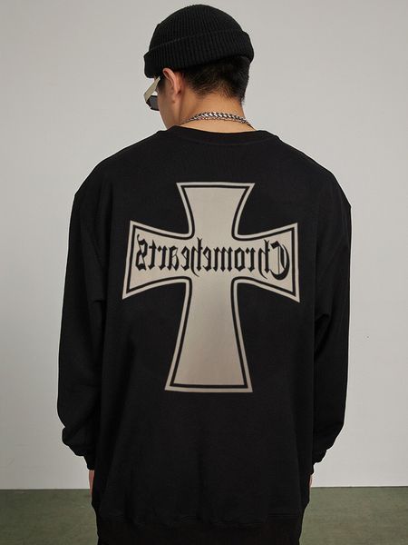 

21 autumn tide brand ch sweater for men and women high street style cross printed terry loose round neck long sleeve couple top, Black