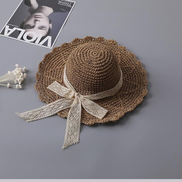 

hand woven hat lace bow beach shade small fresh sun girl berets, Blue;gray