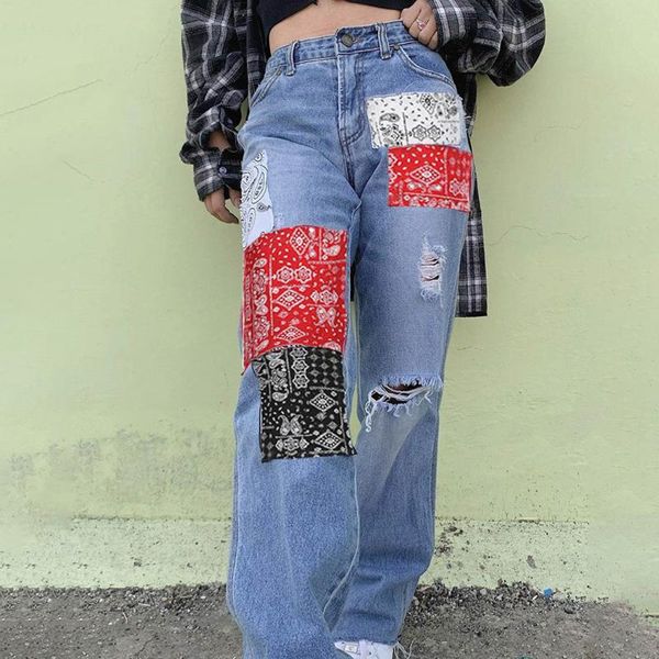 

women's jeans autumn fashion y2k patchwork high waist denim vintage pant baggy mom boyfriend straight patch designs cargo, Blue
