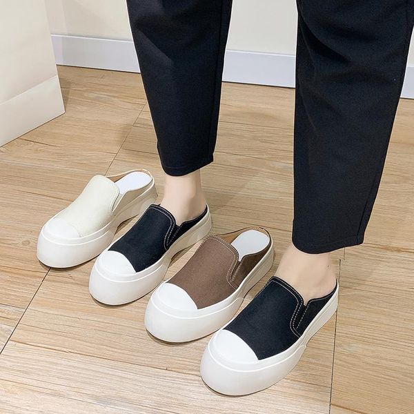 

spring summer shell toe shallow canvas lazy thick bottom outdoor slippers trend women shoes fashion tide wj8622, Black