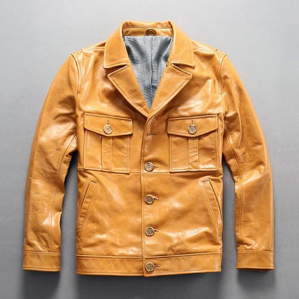 

men's leather & faux 2021 yellow cow jacket with two pockets single breasted casual coat men short, Black
