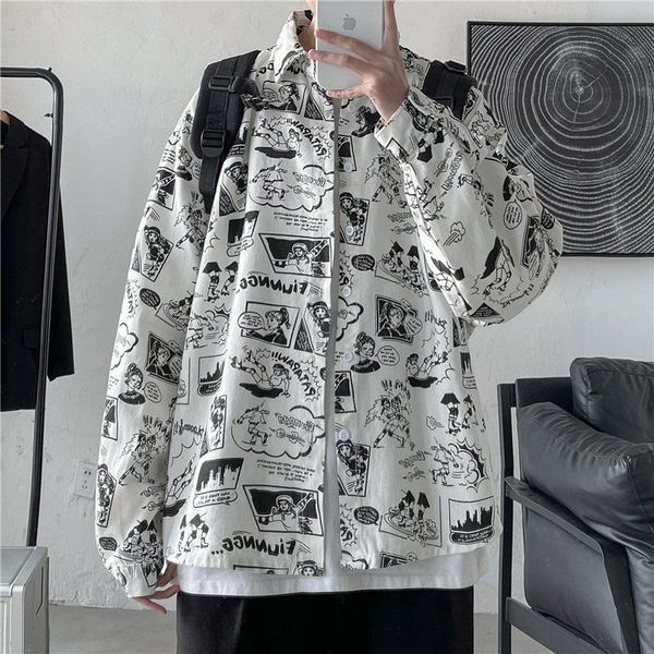 

men's casual shirts graffiti shirt mens long sleeve print loose button cardigan for men autumn thin coat fashion clothing, White;black