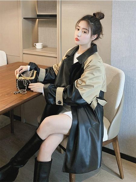 

women's leather & faux fashion stitching overcoat women mid-length windbreaker jacket 2021 autumn korean loose lady pu jackets e365, Black