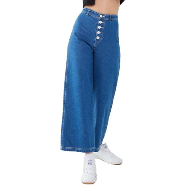 

women's jeans womens loose fashion wide leg women s-2xl feminino button casual denim straight pants, Blue