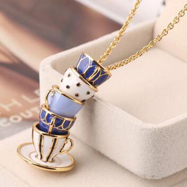 

pendant necklaces vintage cute cup tea long necklace enamel glaze sweater chain exquisite handmade metal choker for christmas gift, Silver