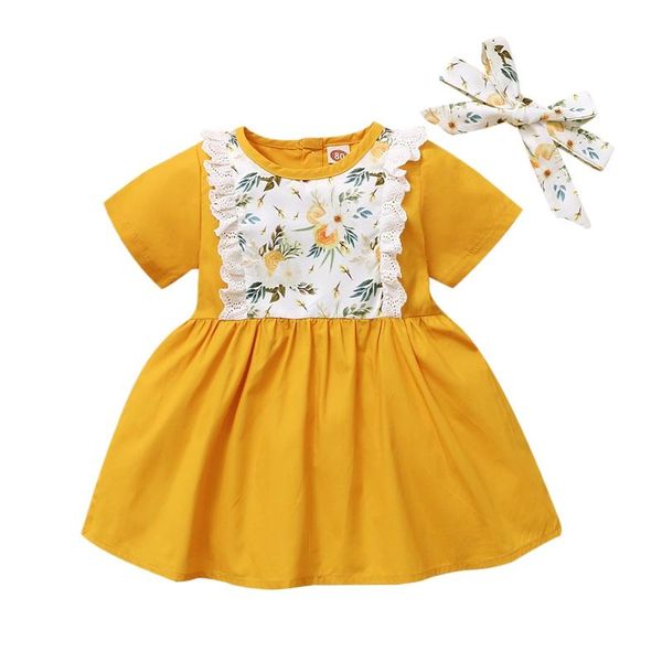 

girl's dresses baby girl sweet flowers clothes summer casual splicing short-sleeved party princess dress with headband clothing sets, Red;yellow