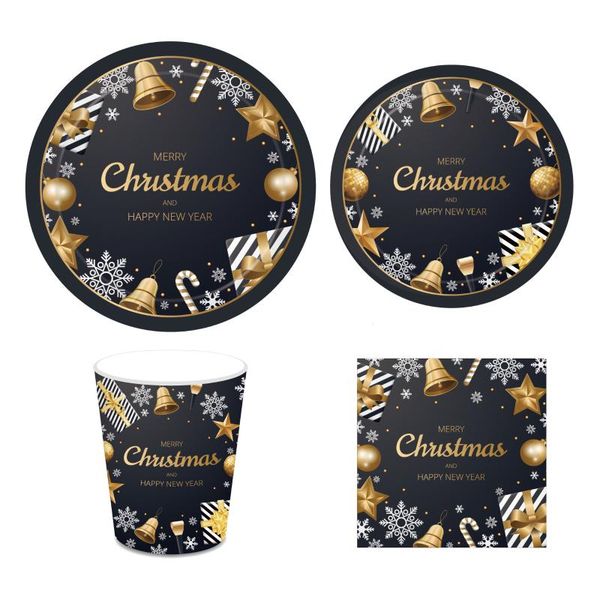 

disposable dinnerware merry christmas party decorations classic black gold tableware sets happy years celebration favo