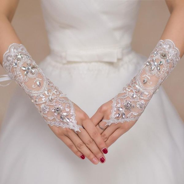 

five fingers gloves women fingerless lace sequined satin bride party mittens luva tatica militar elegant breathable opera gothique, Blue;gray