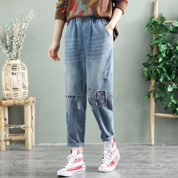 

women's jeans vintage embroidery blue casual elastic waist slim denim pants