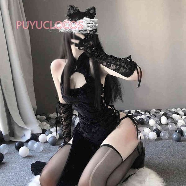 

women cosplay costume erotic lingeries club wear maid waitress uniform black white qipao cheongsam dress