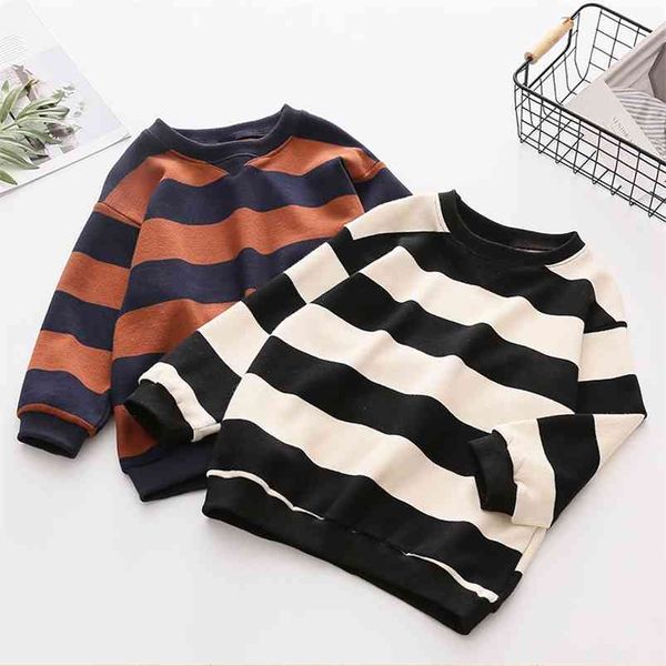 Frühling Herbst Mode 3 4 6 7 8 9 10 11 12 Jahre Ärmel Schwarz Weiß Gestreift Lose Lange Sweatshirts für Kinder Baby Mädchen 210625