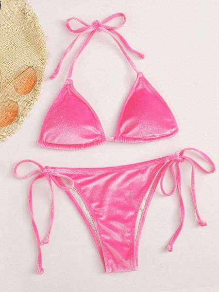 

velvet triangle tie side bikini swimsuit v6a2#, White;black