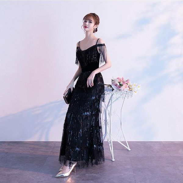 

office lady elegant long banquet gown exquisite sequins tassel trim evening party dress black v-neck backless prom dresses ethnic cloth, Red