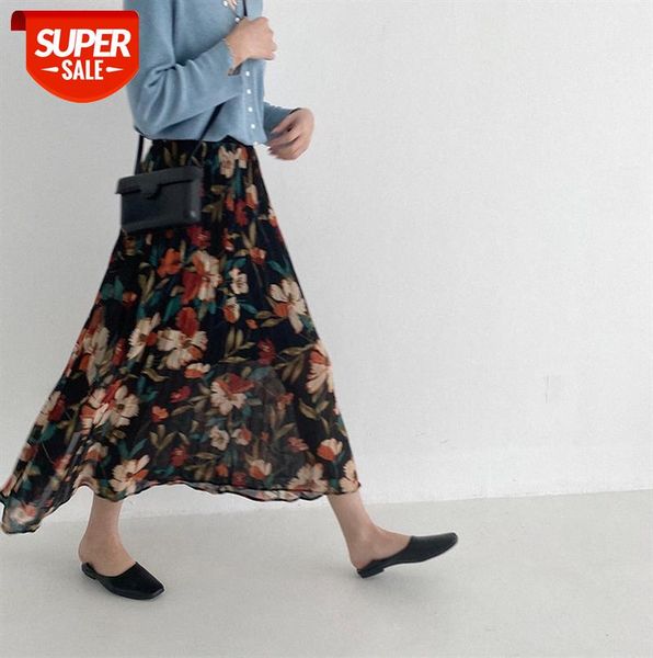 

554-0091 romantic and elegant chiffon skirt 19 retro print high waist thin pleated midi female #ec8q, Black;gray