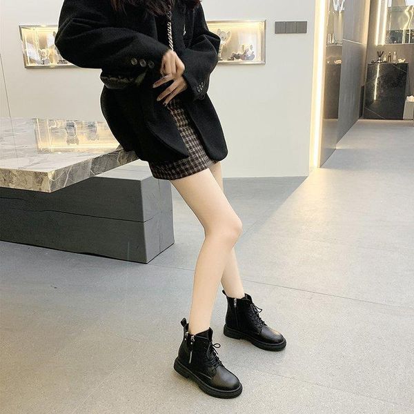 

boots women's leather double zipper 's high rise shoes autumn and winter flat bottom british plush, Black