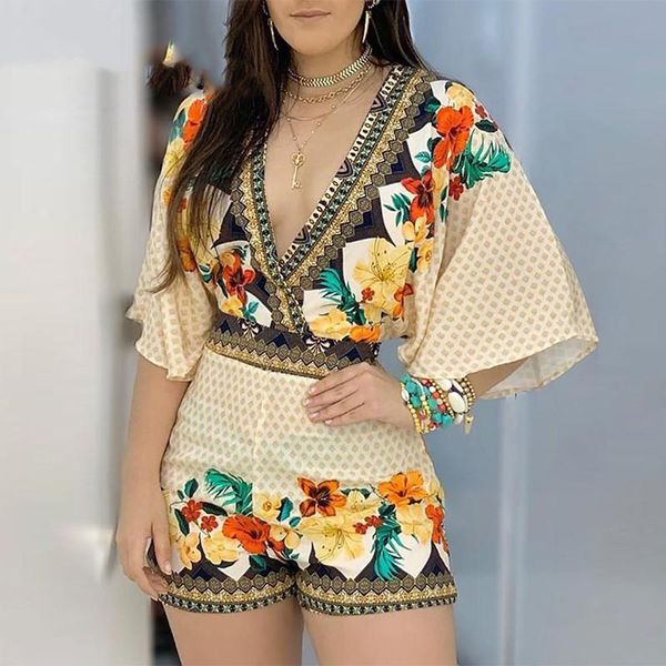 

women's jumpsuits & rompers deep v neck floral half sleeve romper women playsuits summer casual one piece overalls fabric type style fi, Black;white