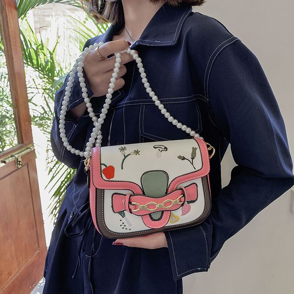 

design jewelry net red star same saddle fashion embroidered thread flower fresh girl small fragrance pearl chain bag
