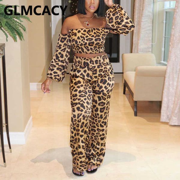 

womne leopard two piece classy suits long sleeve off shoulder tube and wide leg pants set 210702, White