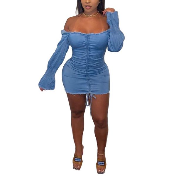

women off shoulder flare sleeve dress fashion denim bodycon drawstring pleated dresses ladies casual mini vestidos, Black;gray