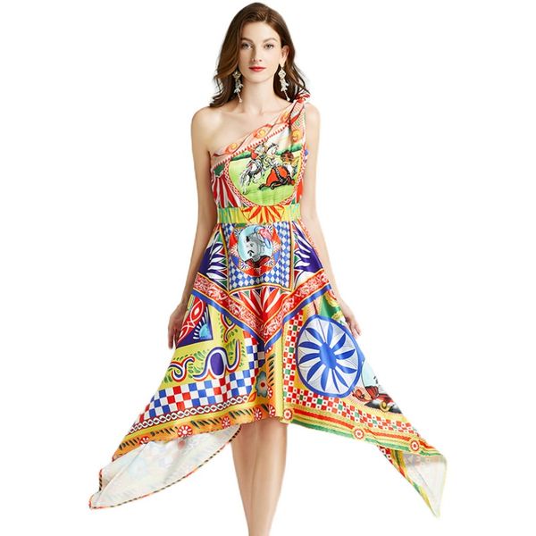 

oblique shoulder womens irregular dress sleeveless summer printed dress high end trend lady dresses party holiday dress, Black