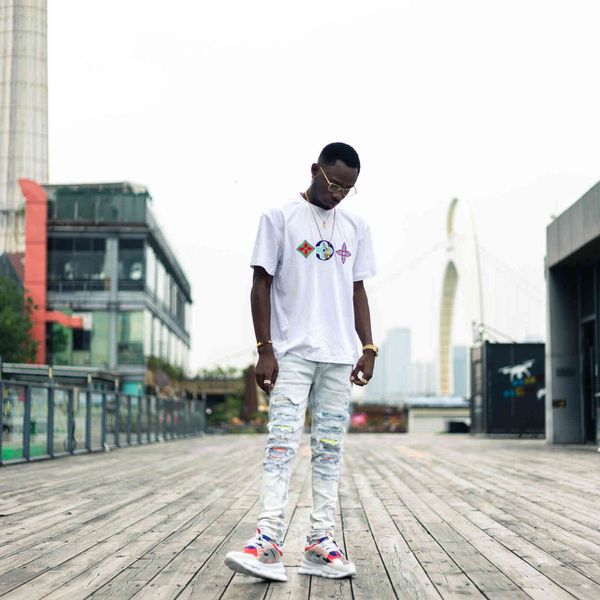 

chao brand off am light blue bleached crystal cut and slim jeans men's high street