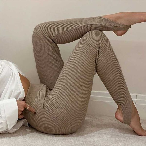 

women ribbed knit leggings fashion beige high waist cotton fitness basic pants female casual all-match stretch skinny 211218, Black