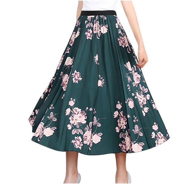 

skirts 2021 summer women's elastic waist printed mid-length with pleated large hem a-line skirt brazil beach casual, Black