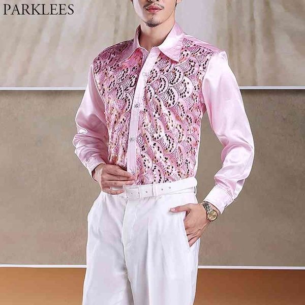 Mens Wave Pattern Paillettes Club Party Camicie Stage Prom Button Down Chemise Homme Dance Host Chorus Shirt Uomo Rosa 210522