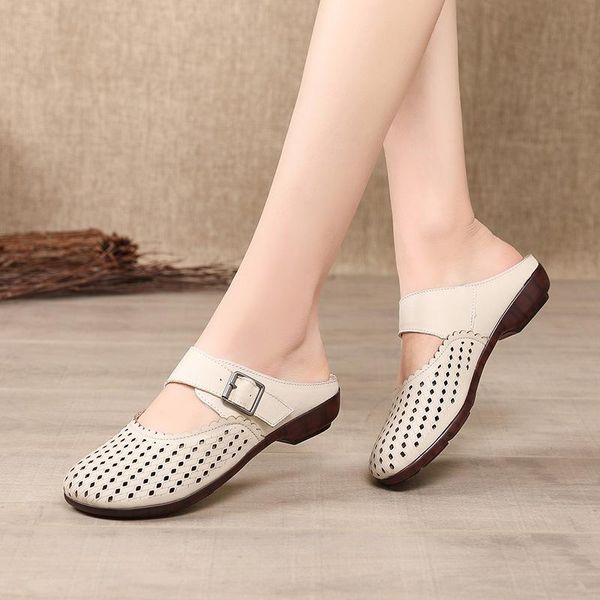 

slippers summer round toe women's casual hollow flat mules for women fashion leather buckle soft sole outdoor woman, Black