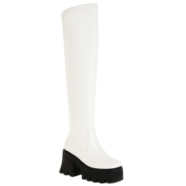 

boots punk style autumn winter elastic microfiber shoes women motorcycle black white thick heel platform knee high