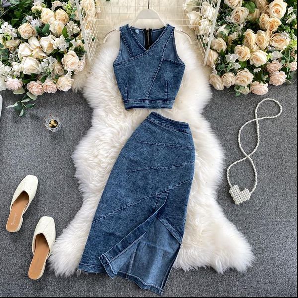 

denim vest skirts sets sleeveless womens dresses straps jean skirt suit outfits, White