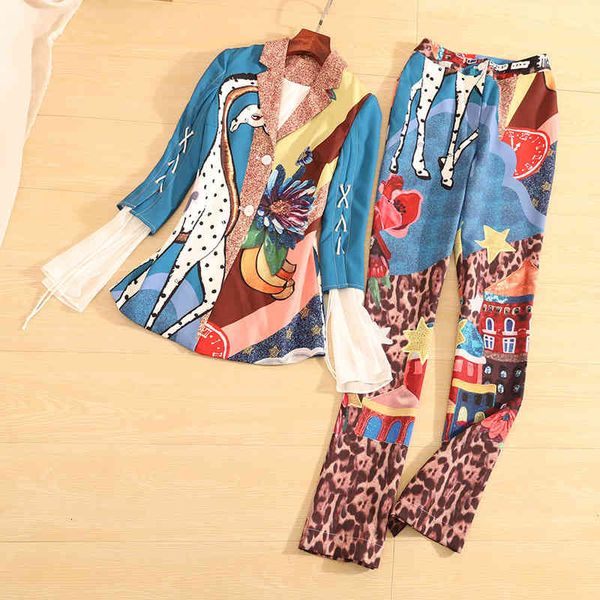 

dress spring and summer the women casual style suit coat +print fawn pants elegant slim two-pieces set s-xl, Black;gray