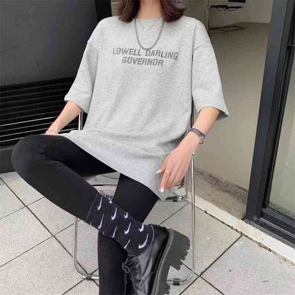 

summer women's loose-fit cartoonst-shirt crew neck thick versatile mid-length letter summer plus size 210507, White