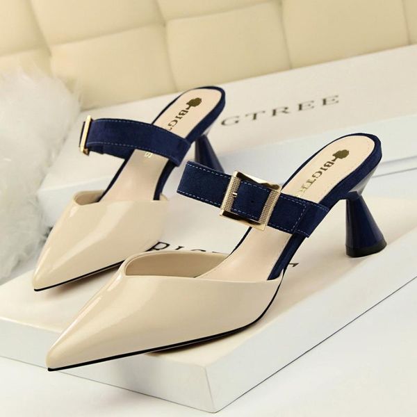 

slippers 2021 korean style fashion kitten heels pointed shoes woman sandals buckle-on designer mixed colors pu tabi, Black