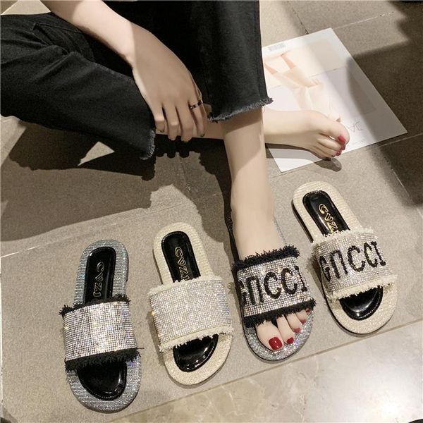

sandals 2021 slippers women wear flat bottomed flip flops in summer ins net red belt drill low heel anti-skid, Black