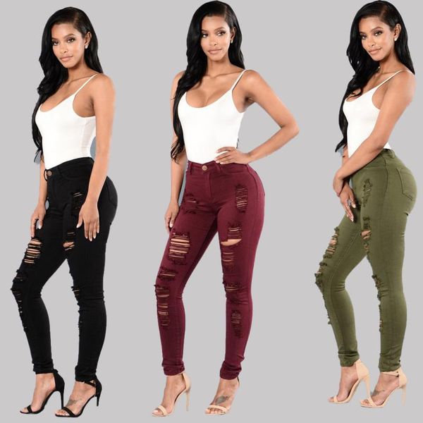

ripped jeans women peach hip high-waist leg stretch slim pencil pants zipper plus-size 3-color wild hole skinny denim women's, Blue