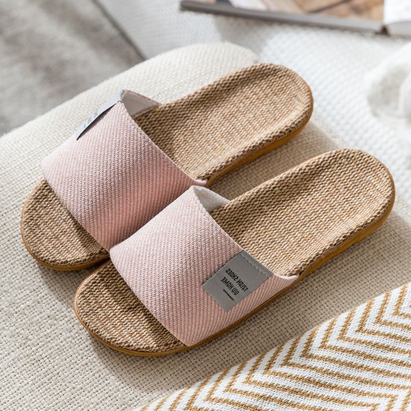 

2522 new women men summer slippers soft flax indoor home flip flops open toe sandals ladies flat casual slides beach shoes, Black