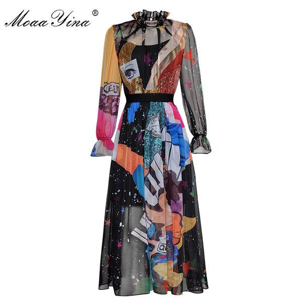 

fashion designer runway dress spring women long sleeve standing collar starry sky colorful cartoon print elegant 210524, Black;gray