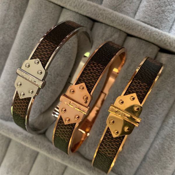 

316l stainless steel bangle silver gold rose super brown checkers leather men women 19cm double arrow square bracelets & bangles, Black