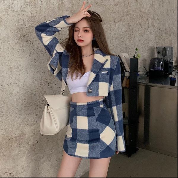 

suits blue and white womens dresses woolen suit short jacket high waist bag hip skirt two piece sets female autumn