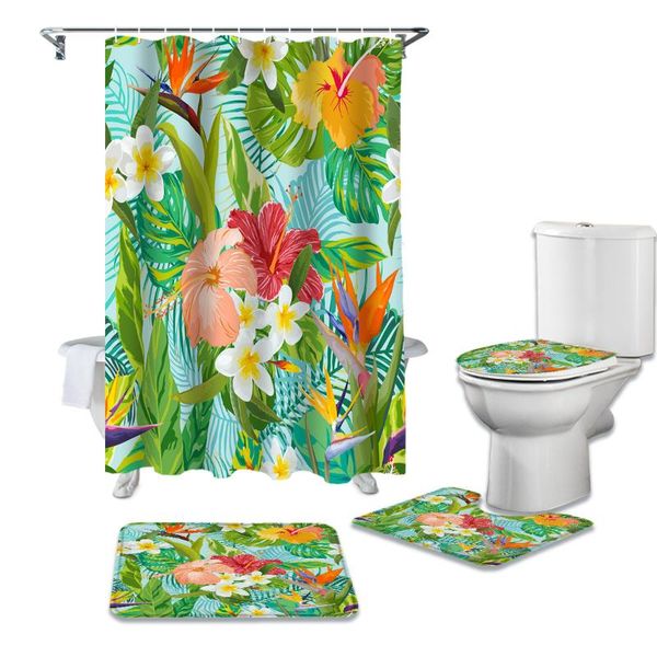 

shower curtains tropical plant flower leaf bathroom mat set durable waterproof curtain pedestal rug lid toilet cover bath rugs