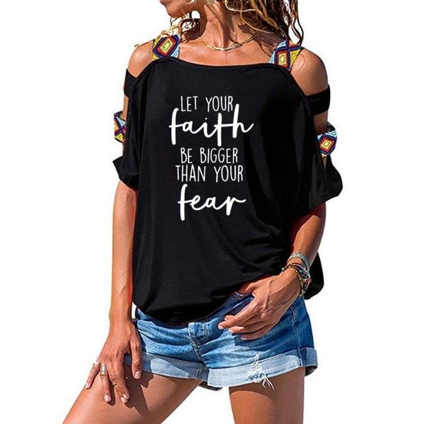 

christian let your faith womens be bigger than fear print short sleeve hollow out shoulder tee, White