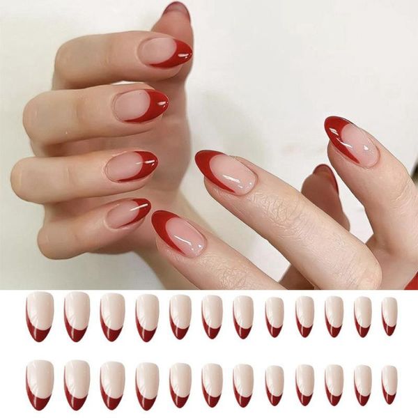 

false nails artificial full cover red almond nail tip fake wearable tips, Red;gold