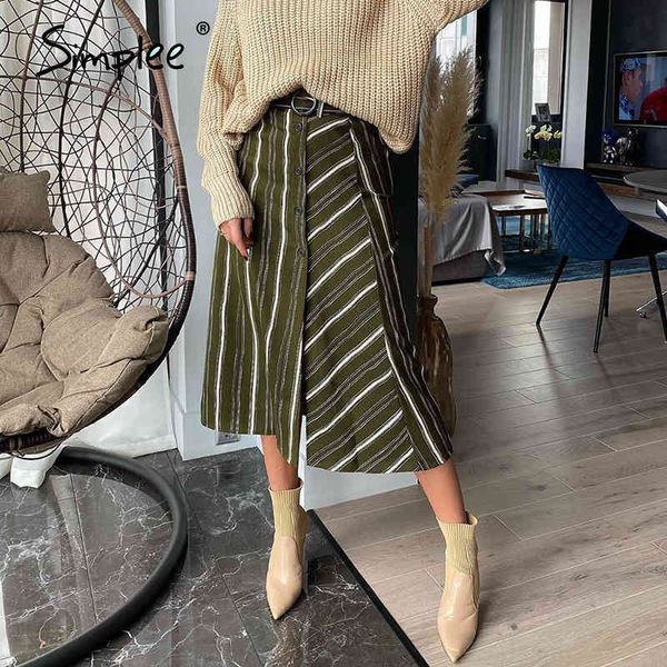 

high waist loose striped autumn skirts a-line button sashes women skirt elegant green irregularity design bottom 210414, Black