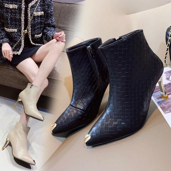 

boots embossed leather woman ankle plating heel rhinestone women's winter shoes 2021 female footware blue, Black