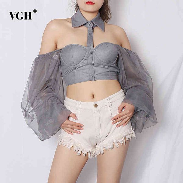 

vgh patchwork mesh shirt for women lapel lantern long sleeve short slim blouse female fashion new clothing spring 210421, White