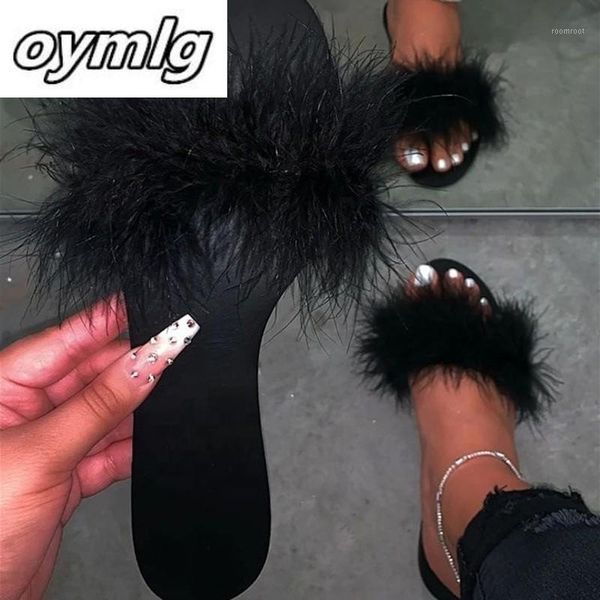 

fur slippers woman flat furry shoes open toe ladies fashion women's slides plus size flip flops green black house1
